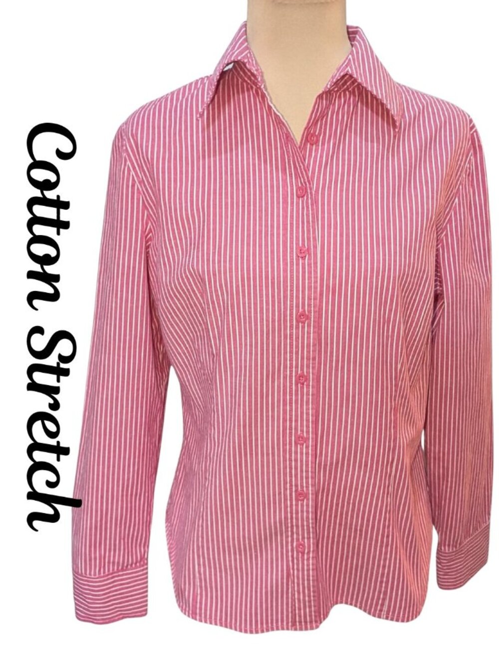 Chadwicks Cotton Stretch Pink & White Striped Button Down Shirt